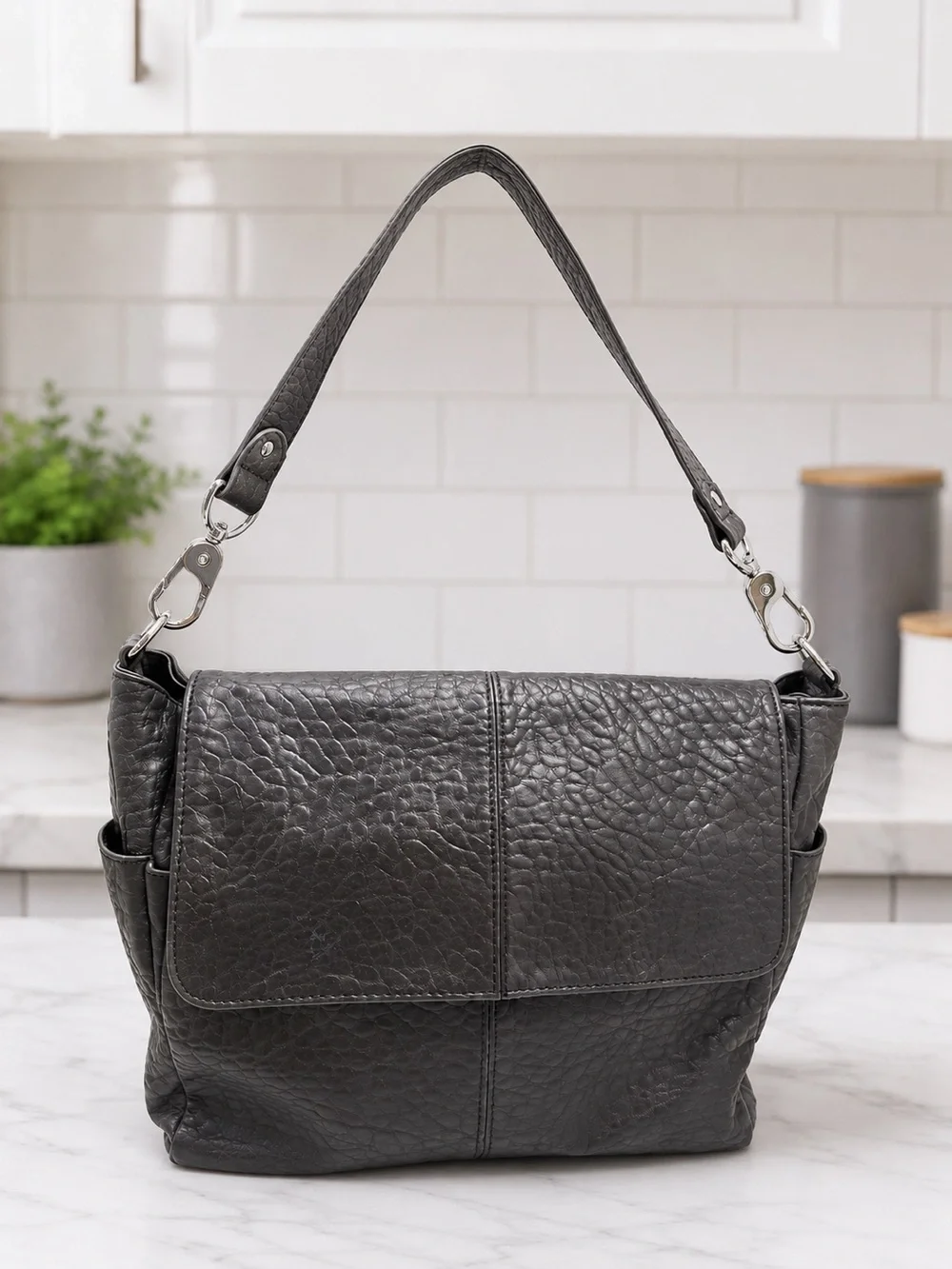 Thirty-One Jewel Shoulder Bag Gray Pebbled Faux Leather Silver Hardware